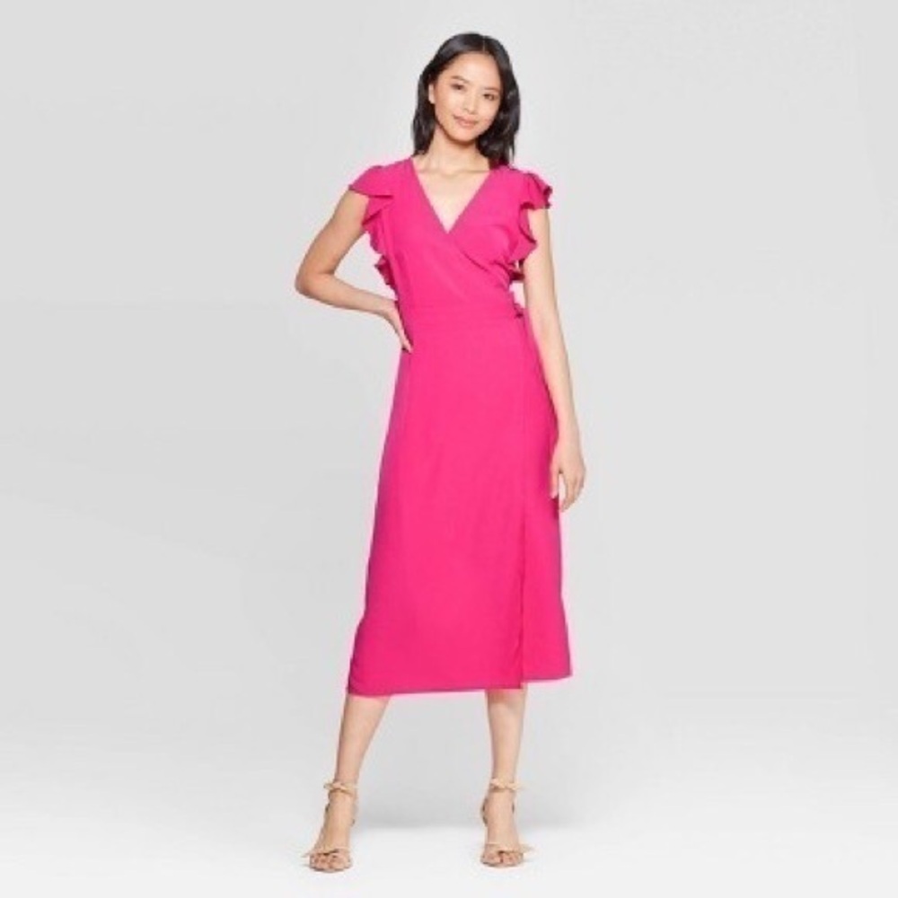 NWT Who What Wear Pink Short Flutter Sleeve V-Neck A Line Midi Dress size Medium
